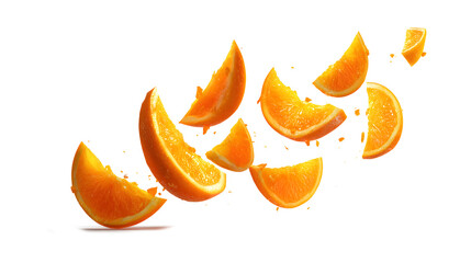 Orange citrus fruit wedges and slices flying isolated on a white background