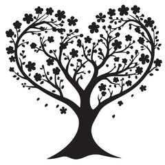 Fototapeta premium Abstract nature art design featuring a floral silhouette of a tree with hearts and decorative swirl patterns on a branch with spring leaves as a symbol of growth