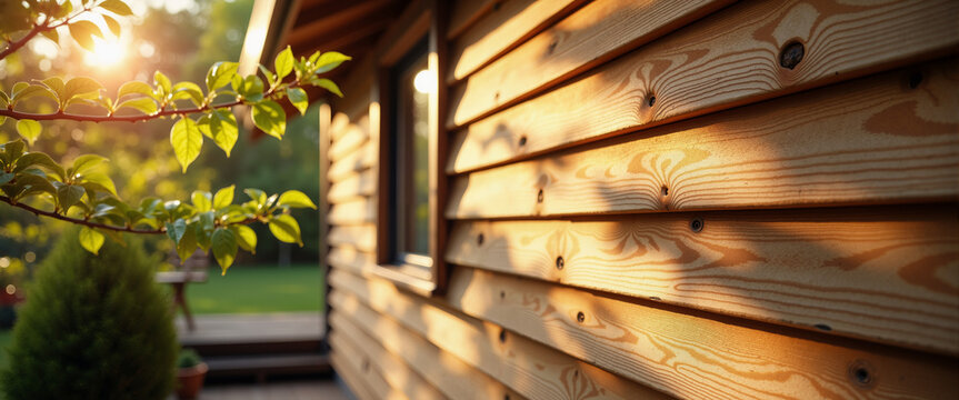 Close-up of natural wood siding on eco-friendly house with greenery  