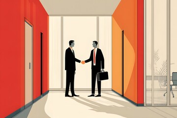 Fototapeta premium 2D vector art of a banker and a client shaking hands in an office corridor