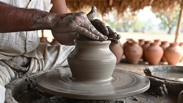 Indian potter hands shaping clay pot on a traditional spinning wheel showcasing traditional rural craft and authentic daily life activity in india