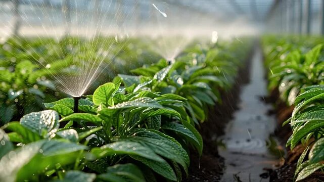 Modern sprinkler irrigation system watering rows of lush green potato plants growing inside a large commercial greenhouse, nurturing the crops for a healthy harvest with a gentle spray of water
