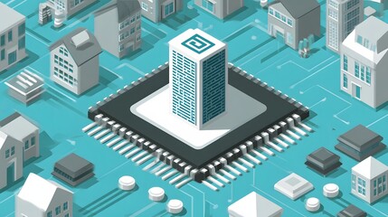 Obraz premium Flat design illustration of a smart chip with a building microchip symbol