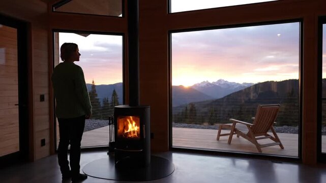 Serene Woman Watching Sunset Over Snowcapped Mountains from Modern Cabin Interior with Burning Wood Stove Fireplace