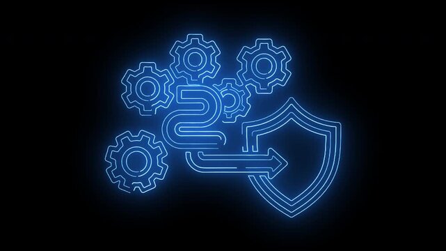 Neon blue line illustration of interlocking gears and shield with arrow on black background.
