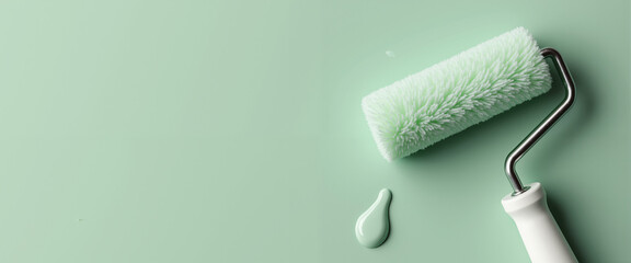 Obraz premium Small paint roller resting on freshly painted mint green wall 
