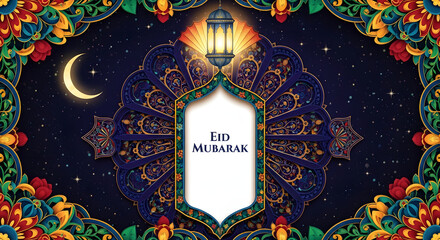 Eid Mubarak decorative illustration, symmetrical arabesque patterns, colorful floral borders