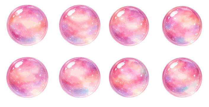 A charming watercolor collection of round-shaped pink opal rhinestone, including glossy cosmic spheres.