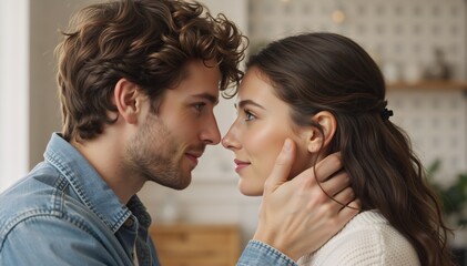 Naklejka premium Close up of a young romantic couple looking into each other's eyes. Man touching woman's face in an intimate moment. Togetherness and love concept
