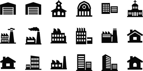 Building and factory silhouette icon set including houses, warehouses, churches and industrial plants isolated on white background, simple black vector illustration © MdAnisur