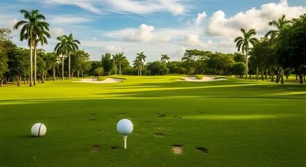 Fototapeta premium Golf course with palm trees and blue sky