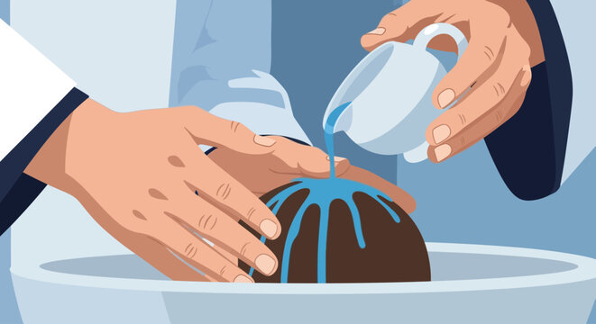 A poignant flat design vector illustration depicting the priest's hands gently pouring holy water during a baptism. This minimalist artwork emphasizes the sacred act of anointing