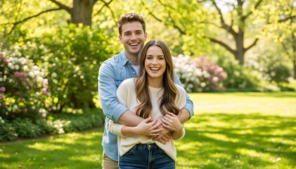 Obraz premium Joyful young couple embracing in a green park. Happy man and woman laughing together outdoors. Relationship and lifestyle portrait