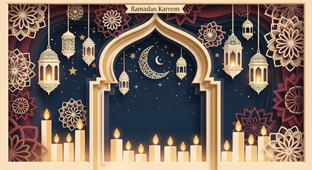 Ramadan kareem greeting background, ornate Islamic arch window
