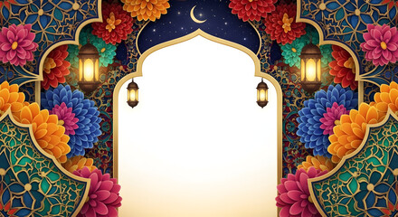 Ramadan night scene border design, intricate arabic ornament patterns, colorful layered flowers