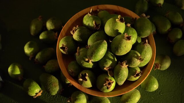 Feijoa green fruit bowl. Exotic food