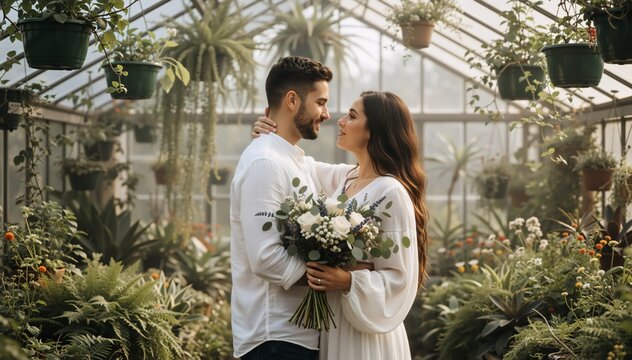 Romantic couple embracing in a greenhouse with flower bouquet. Wedding or engagement concept in botanical garden