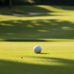 Golf ball on a serene green course with sunlight and shadows