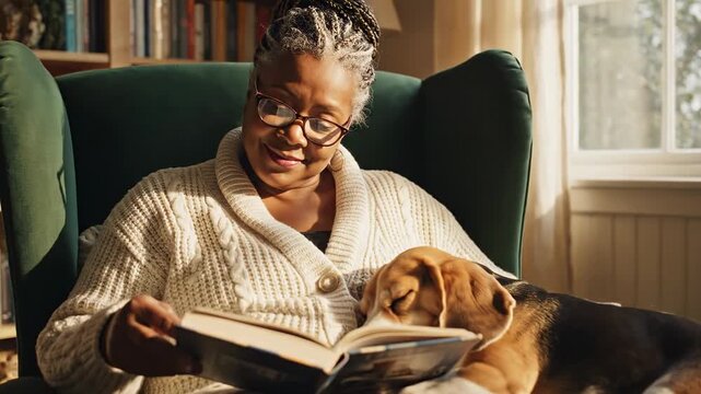 Woman Reading Book with Dog in Cozy Living Room.