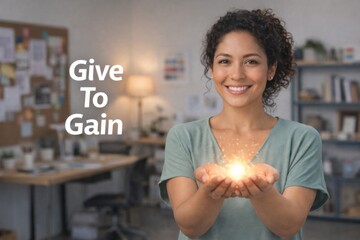 Obraz premium International Womens Day concept featuring woman holding glowing light, Give to Gain Campaign 2026, 8 march theme, support IWD