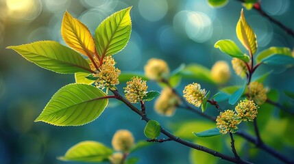 Obraz premium Natural Spring Landscape Featuring Fresh Leaves and Blooming Blossoms on Branches