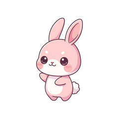 Fototapeta premium Cute pink cartoon rabbit waving with big eyes and blush