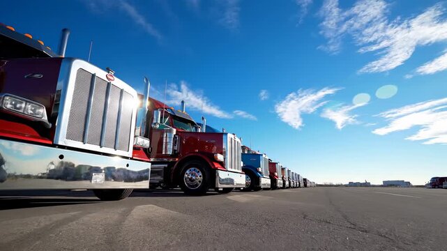 Trucks Lined Up Under a Bright Blue Sky on a Sunny Day.