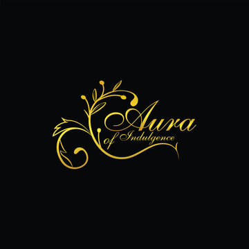 Elegant Gold Floral Calligraphy Logo Design on Black Background &ndash; Luxury Script Branding Template