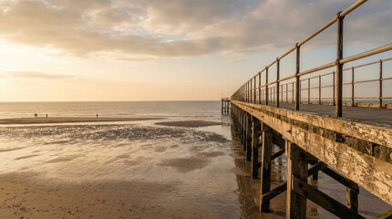 Fototapeta premium Serene beach scene with old wooden pier at sunset