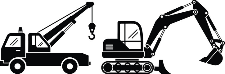 Crane Truck and Excavator Silhouette Icon Set Featuring Heavy Construction Machinery Vehicles in Solid Black Vector Style © Sanjida