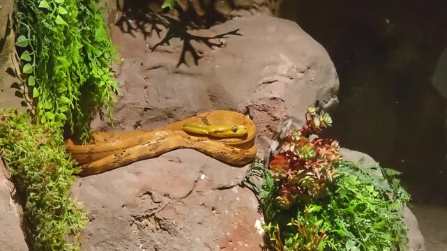 Dog-toothed cat snake (Boiga cynodon) Resting on a Rough Stone Surface.