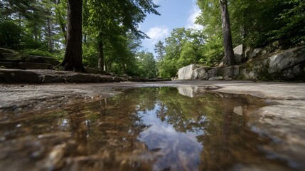 Fototapeta premium Ground level perspective of a forest path featuring a calm puddle mirroring the sky and lush green trees