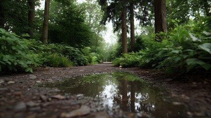 Obraz premium A serene forest path with a reflective puddle after rain surrounded by lush greenery