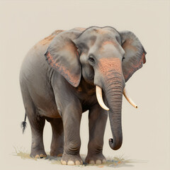 Obraz premium Realistic Illustration of an Adult Elephant Standing on Sandy Ground with Detailed Skin Texture and Large Ears Against a Neutral Beige Background