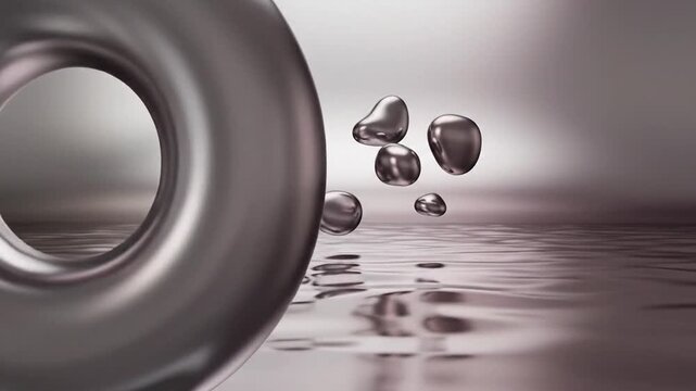 Floating metallic pebble with droplets on a reflective pink-gray surface