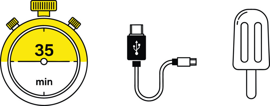 Time, Charging Cable, and Ice Cream Icon Set Featuring Stopwatch with 35 Minutes Timer, USB Connector, and Popsicle Outline Vector