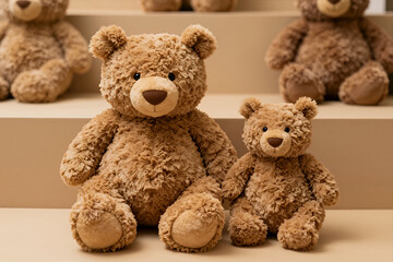 Obraz premium Soft Plush Teddy Bears Sitting on Beige Shelves in Cozy Arrangement Perfect for Children'S Room Decor or Gift Packaging Illustration