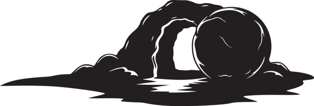 Easter Tomb Stone Rolled Away in Black and White Illustration