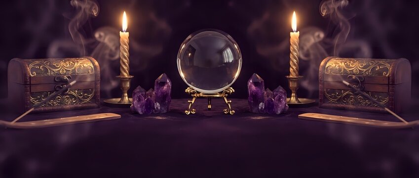 Mystical fortune telling setup with crystal ball, burning candles, ancient books and amethyst crystals on dark wooden table for divination practices.