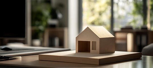 A miniature model of a wooden house sits on a desk in a modern office with natural light
