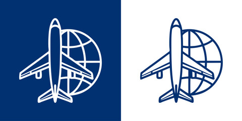 Logo agencia de viajes. Dibujo sencillo con líneas de un avión de pasajeros con un globo terráqueo © teracreonte