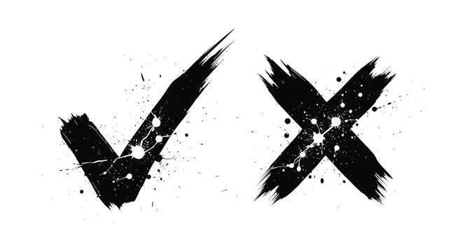bold grunge check mark and cross symbolizing approval and rejection with dynamic paint splatters on white perfect for decision making concepts.