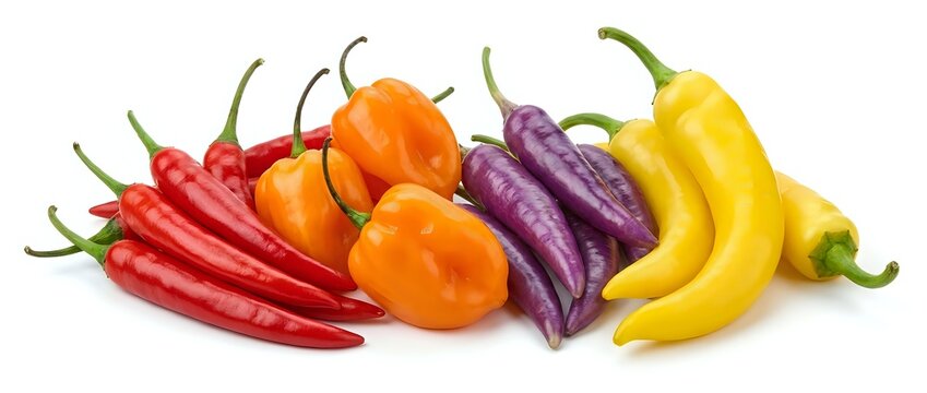 Colorful hot chili peppers in red, orange, purple and yellow varieties isolated on white background for cooking, spice design and culinary projects.