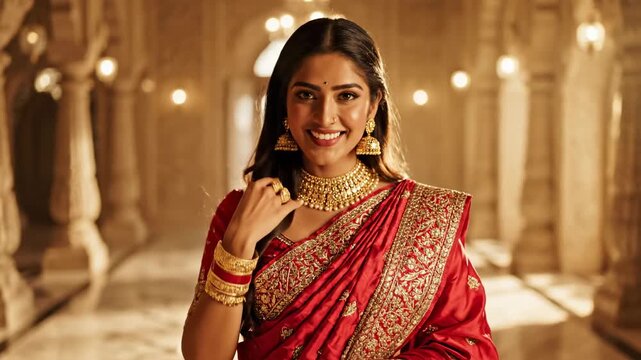 Beautiful Indian woman in traditional red saree smiling.