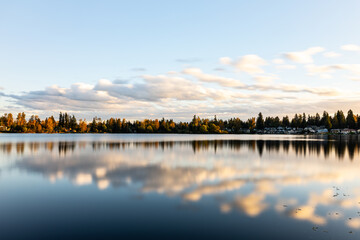 Obraz premium Lake Ballinger: Still water reflects golden hour homes, trees, sky.