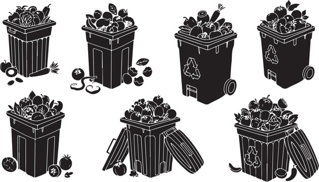 Black and white illustration of overflowing trash cans and garbage