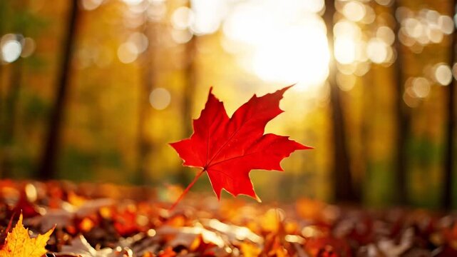 Autumnal Red Maple Leaf in a Forest Setting.