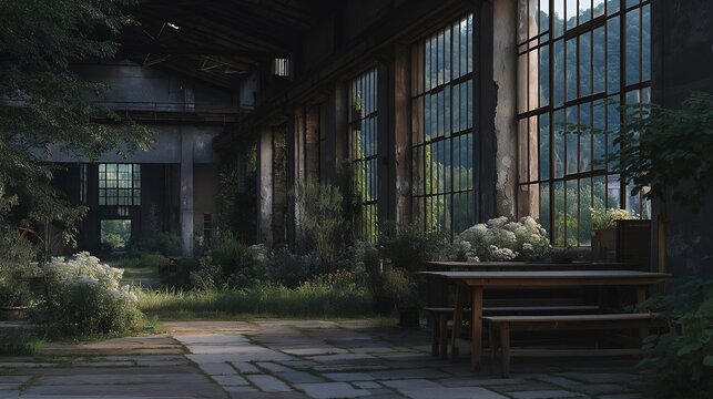 Abandoned Soviet era factory with broken windows and rusting industrial machinery in an overgrown landscape, perfect for communist era industrial heritage, Eastern European abandonment, Cold War