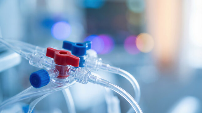 Close up of medical dialysis equipment with stopcock valves and tubing in a hospital setting.