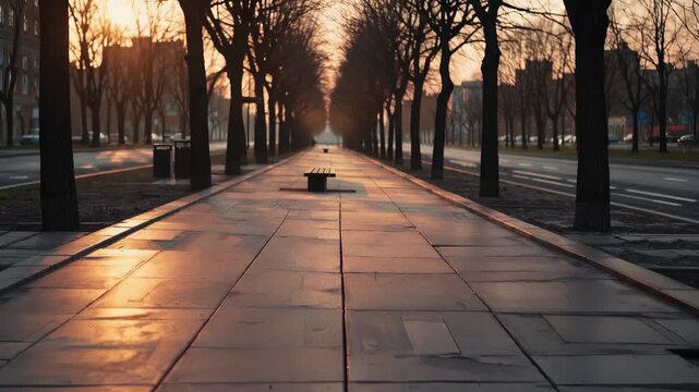 Empty tree lined walkway at sunrise showing bench and pavement leading toward city skyline through leafless tree row with street perspective and winter light casting long shadow and urban solitude